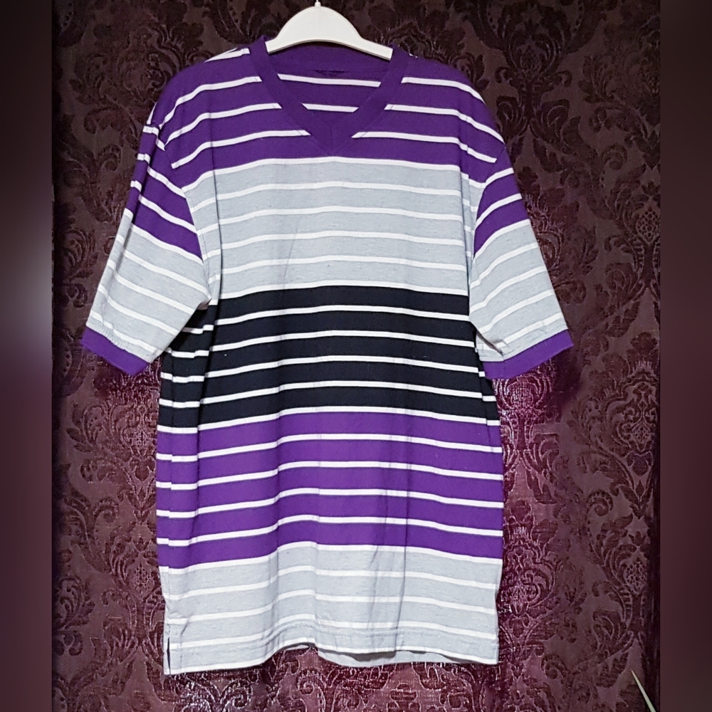 Purple Gray Black and White Striped V-Neck Men's T-Shirt Short Sleeve
